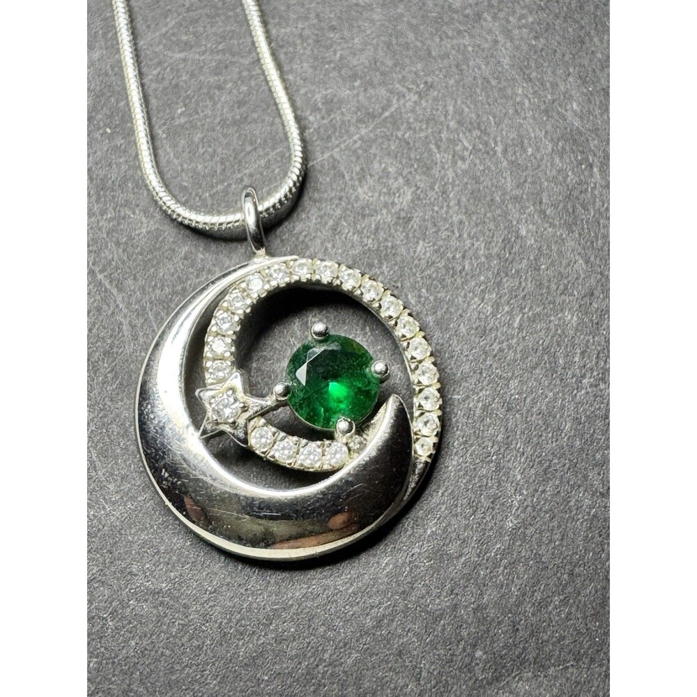 FANCIME Moon and Star Green Birthstone Necklace for Women Sterling Silver 22”